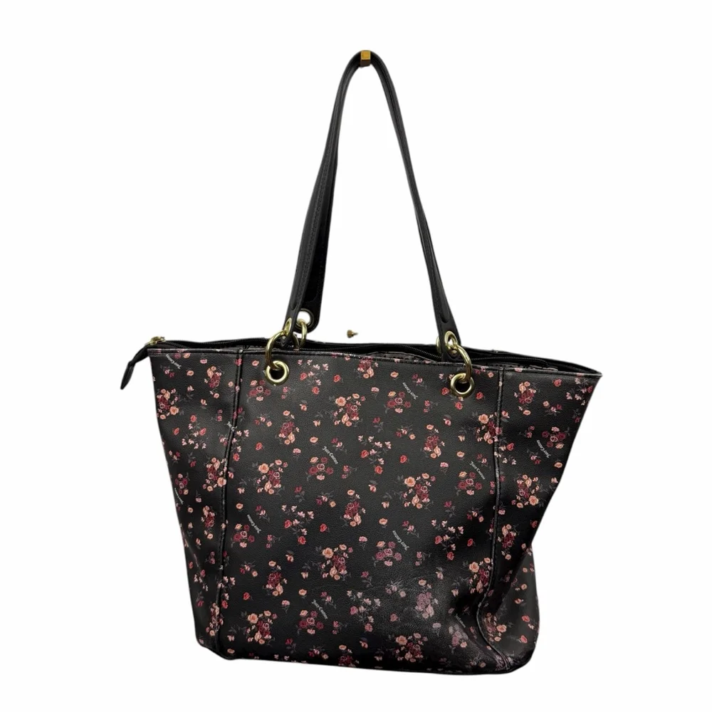 Y2K Juicy Couture Floral Tote Bag Black Pink Rose Print Dark Floral Faux Leather